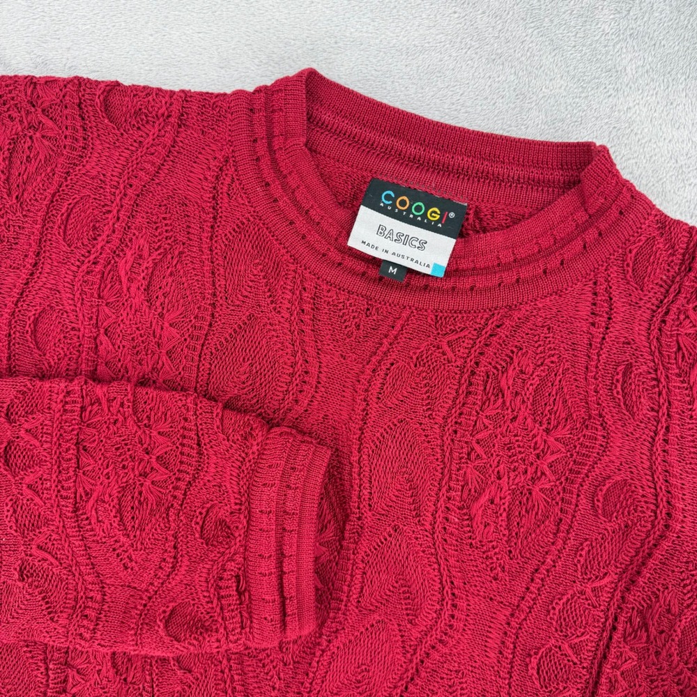 Coogi Australia Basics Mens Medium Red Textured 3D Cable Knit Sweater Cotton